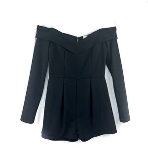 New-shop17 Black Off Shoulder, Long Sleeves, Pleated Shorts, Empire Waist Romper